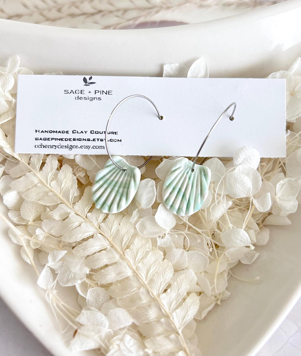 Clay Seashell Earrings, Peachy Coral and White Shell Dangles, Coastal Vacation Dangles Beach Jewelry