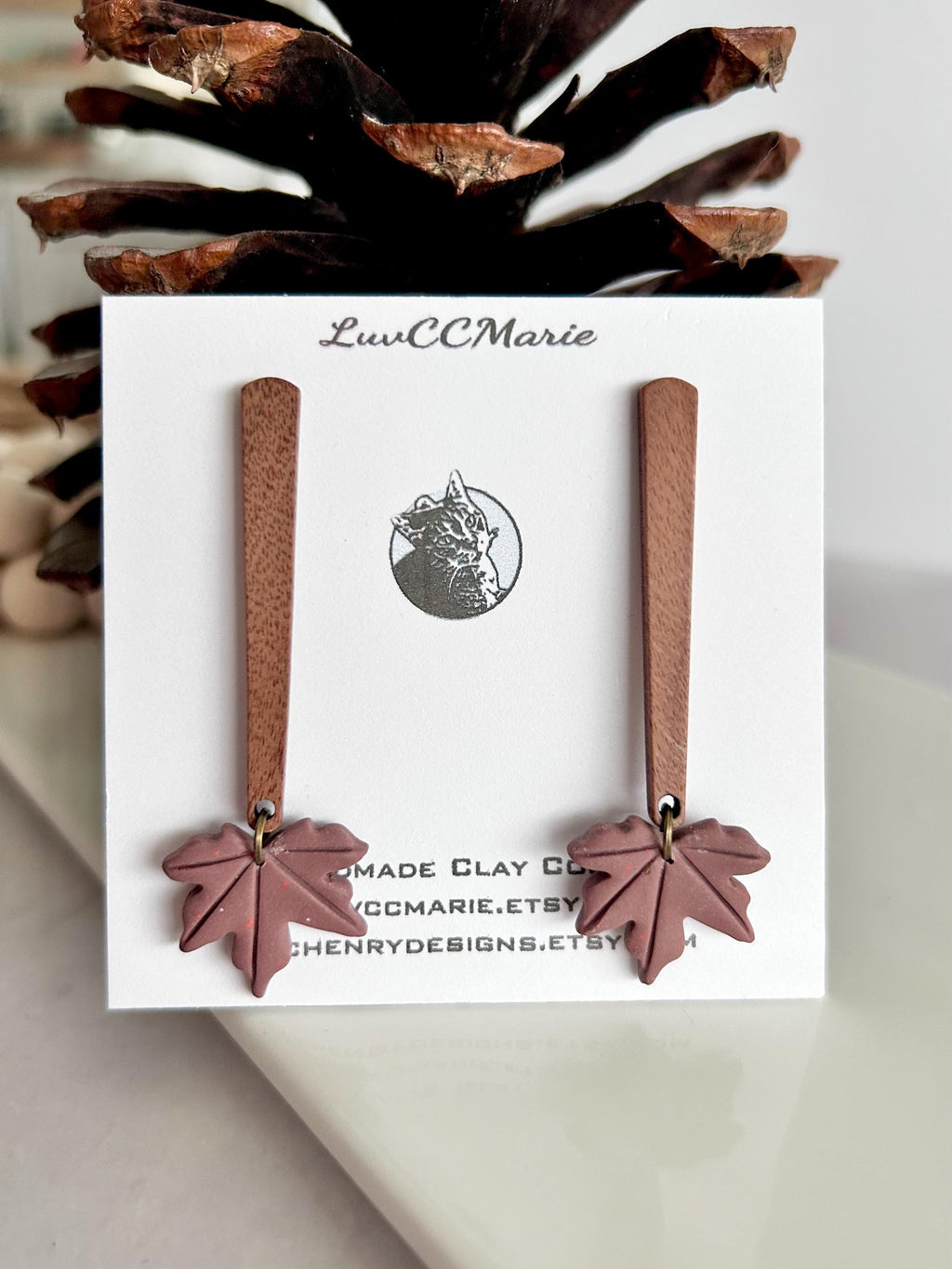 Handmade Clay Fall Leaf Earrings, Wood Bar Dangles, Brown Leaves Autumn Jewelry