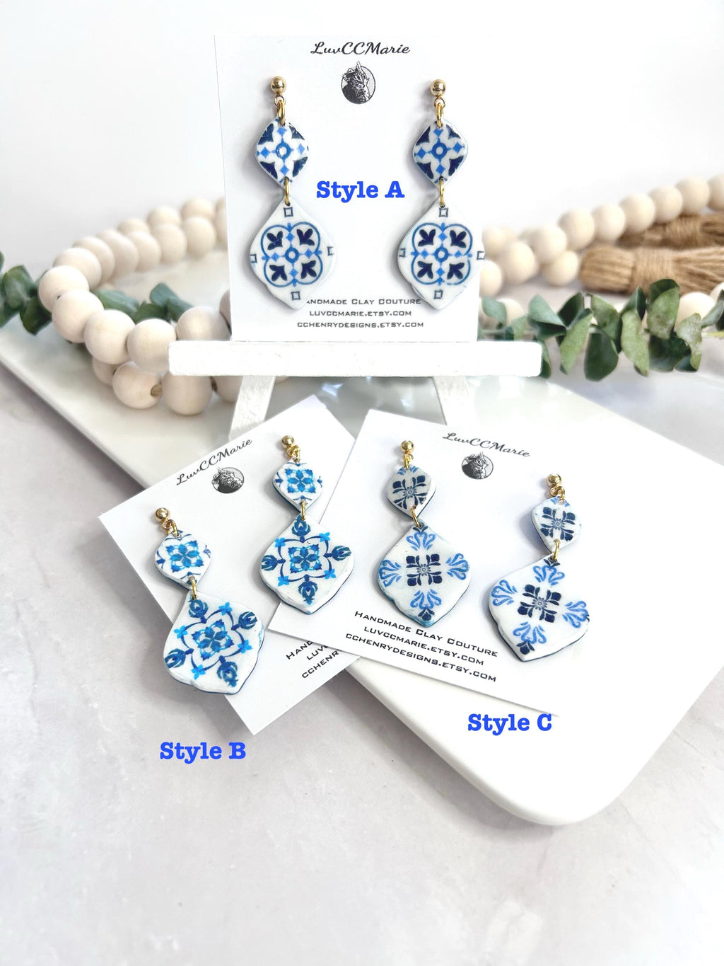 Cobalt Blue Vase Santorini Blue Earrings, Mediterranean Tile Greek Dangles, Handmade Boho Clay Jewelry