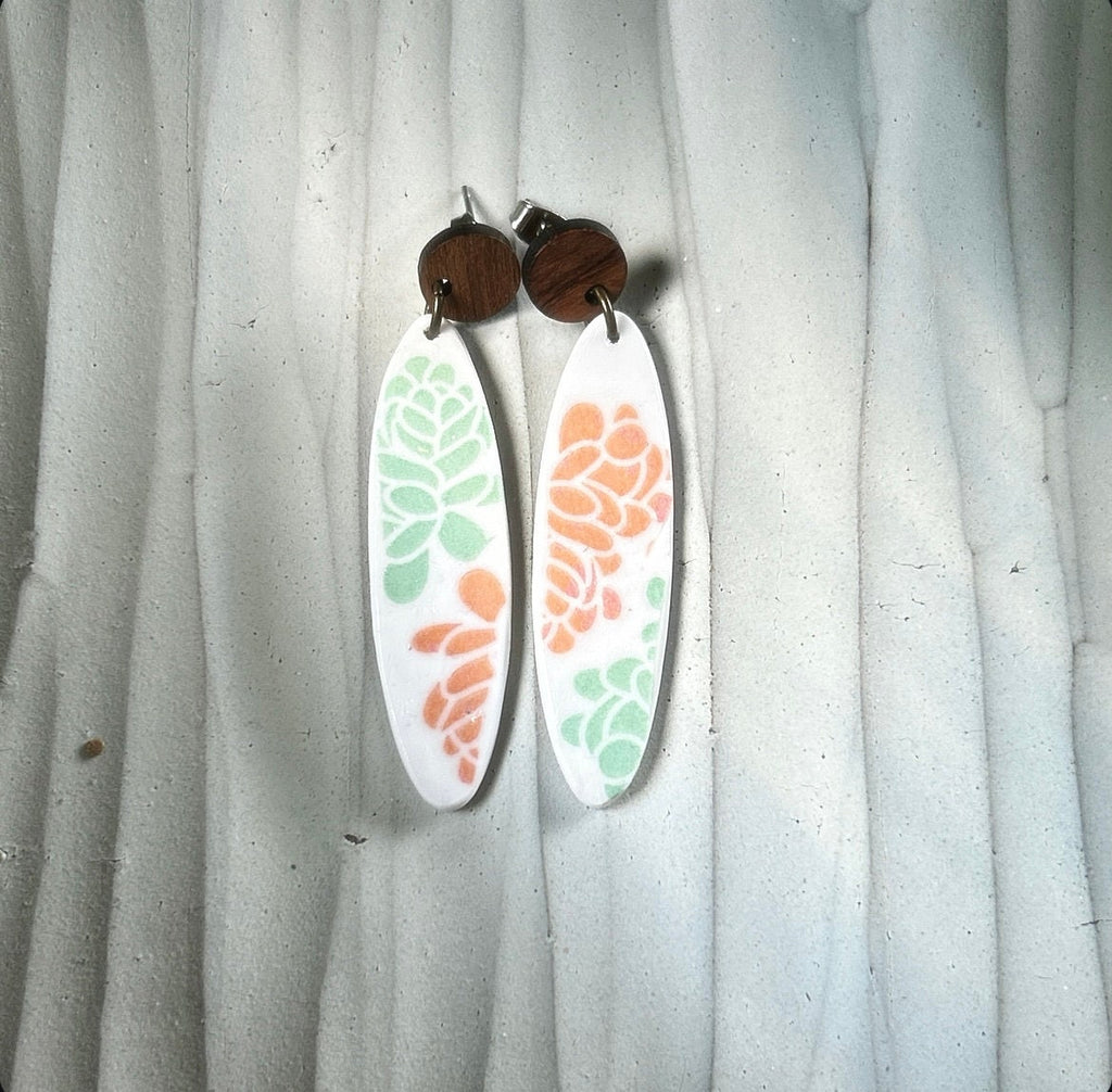 Handmade Succulent Dangle Earrings: Retro Surfboard Clay, Walnut Studs