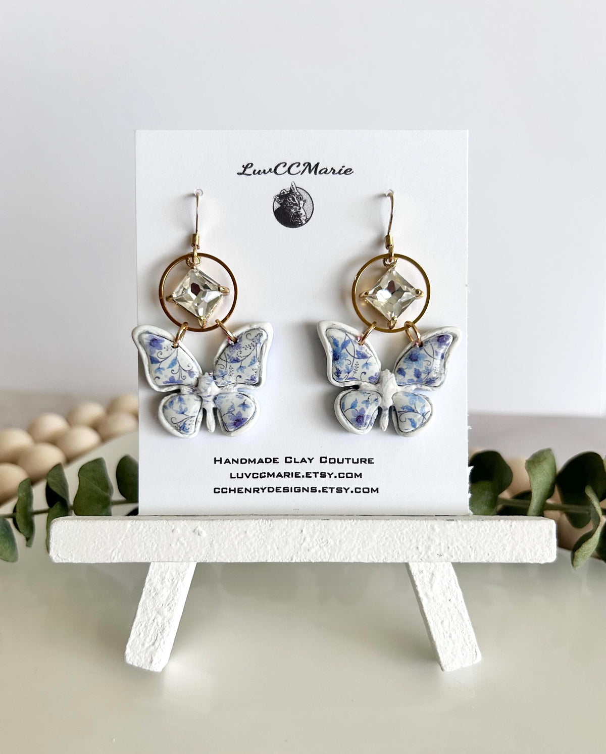 Blue Floral Butterfly Earrings, Chinoiserie Diamond Charm Dangles, Handmade Clay Boho Jewelry