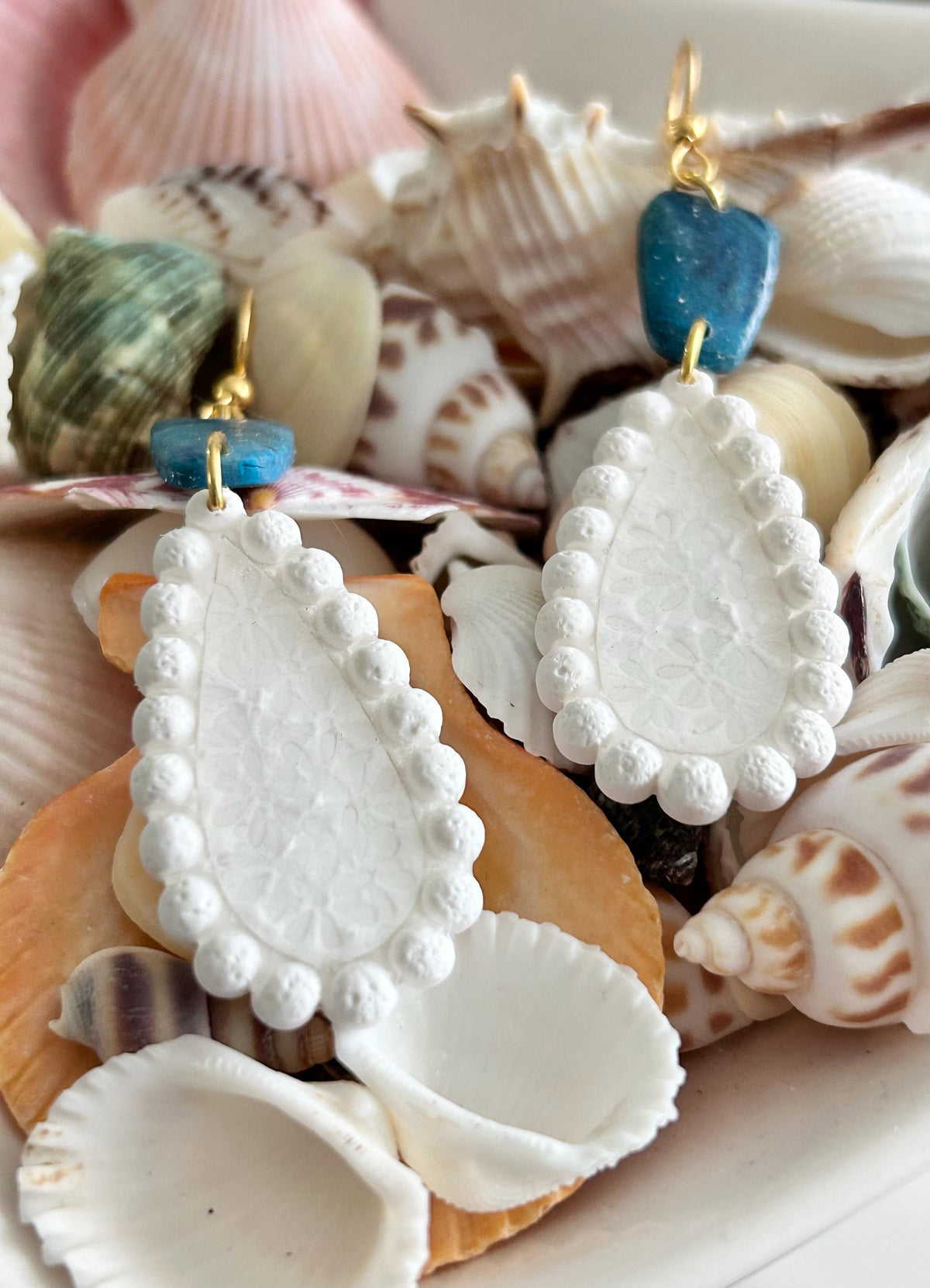 Teal and White Teardrop Earrings, Pearl Floral Clay Dangles, Handmade Bridal Coastal Jewelry