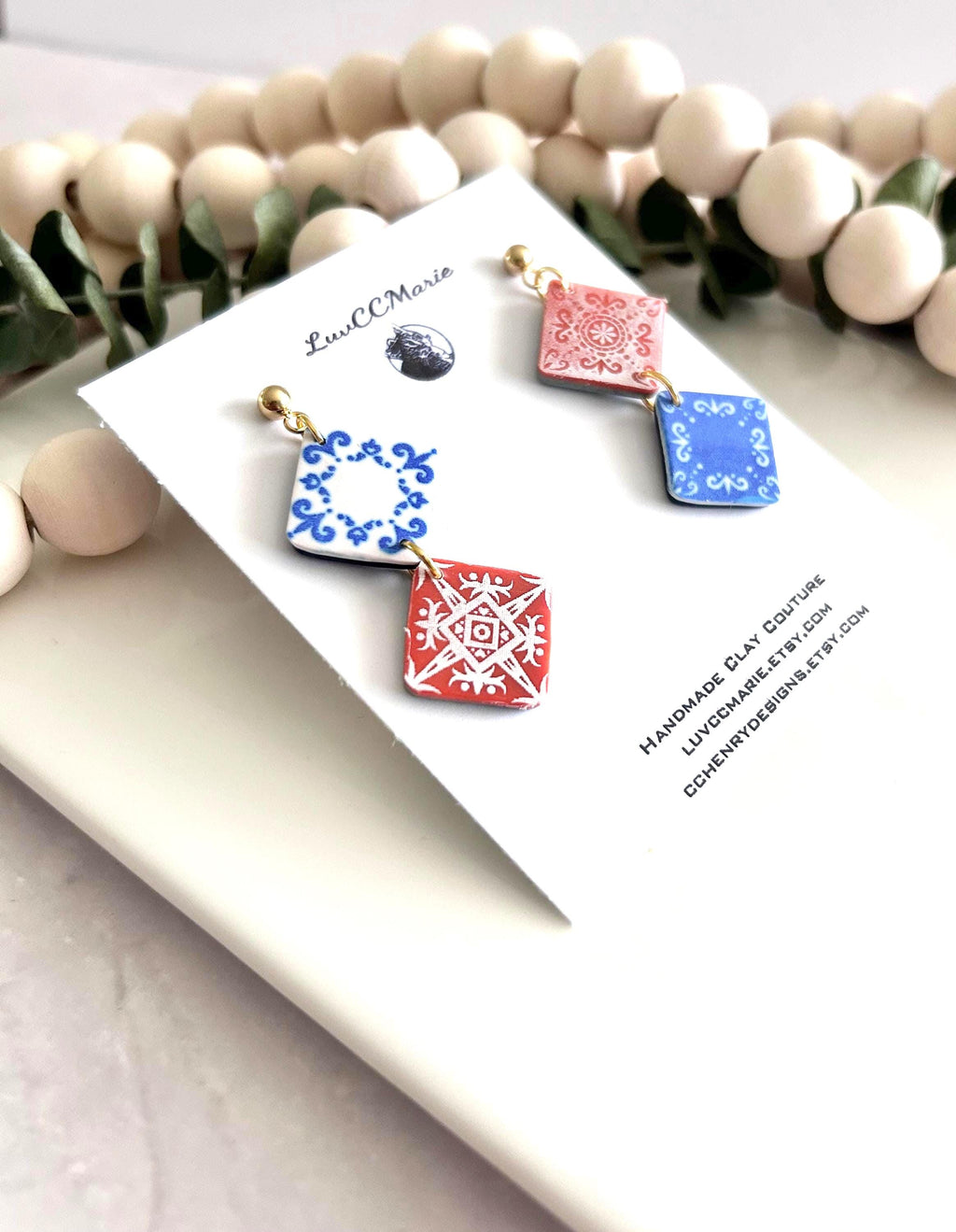 Talavera Clay Tile Earrings, Blue White Coral Dangles, Mexican Terracotta, Mediterranean Jewelry