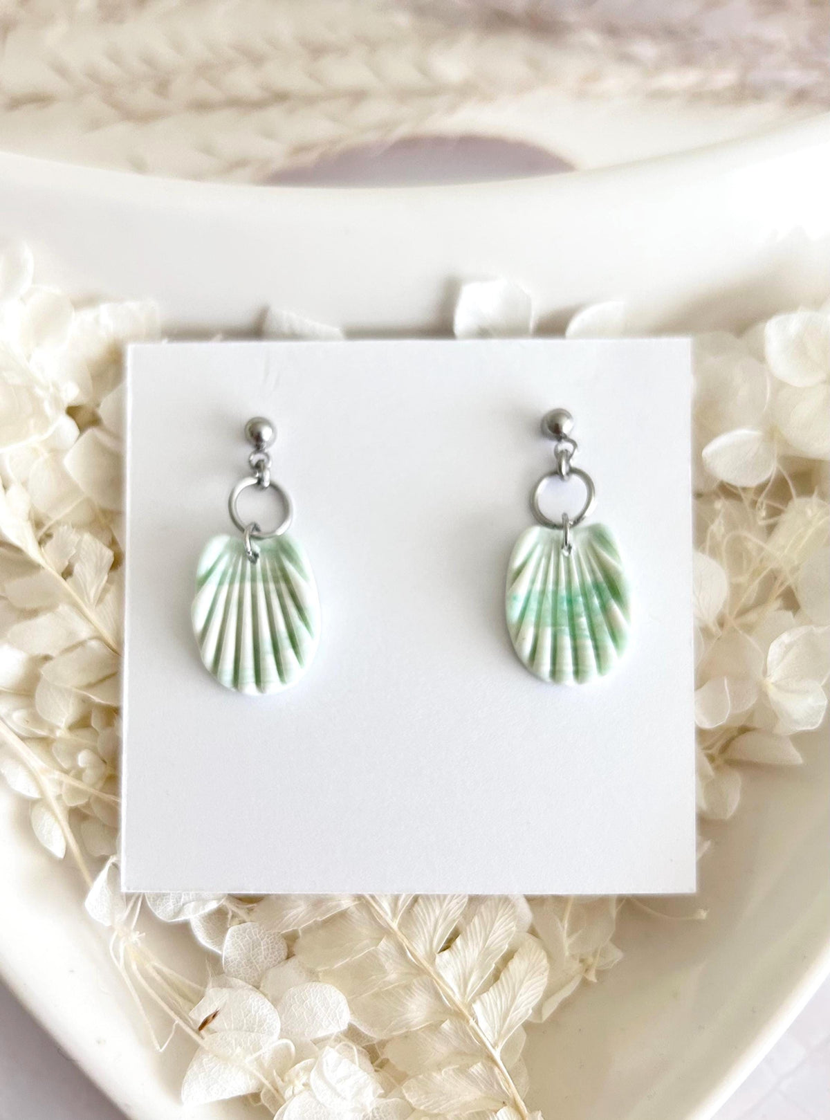 Clay Seashell Earrings, Peachy Coral and White Shell Dangles, Coastal Vacation Dangles Beach Jewelry