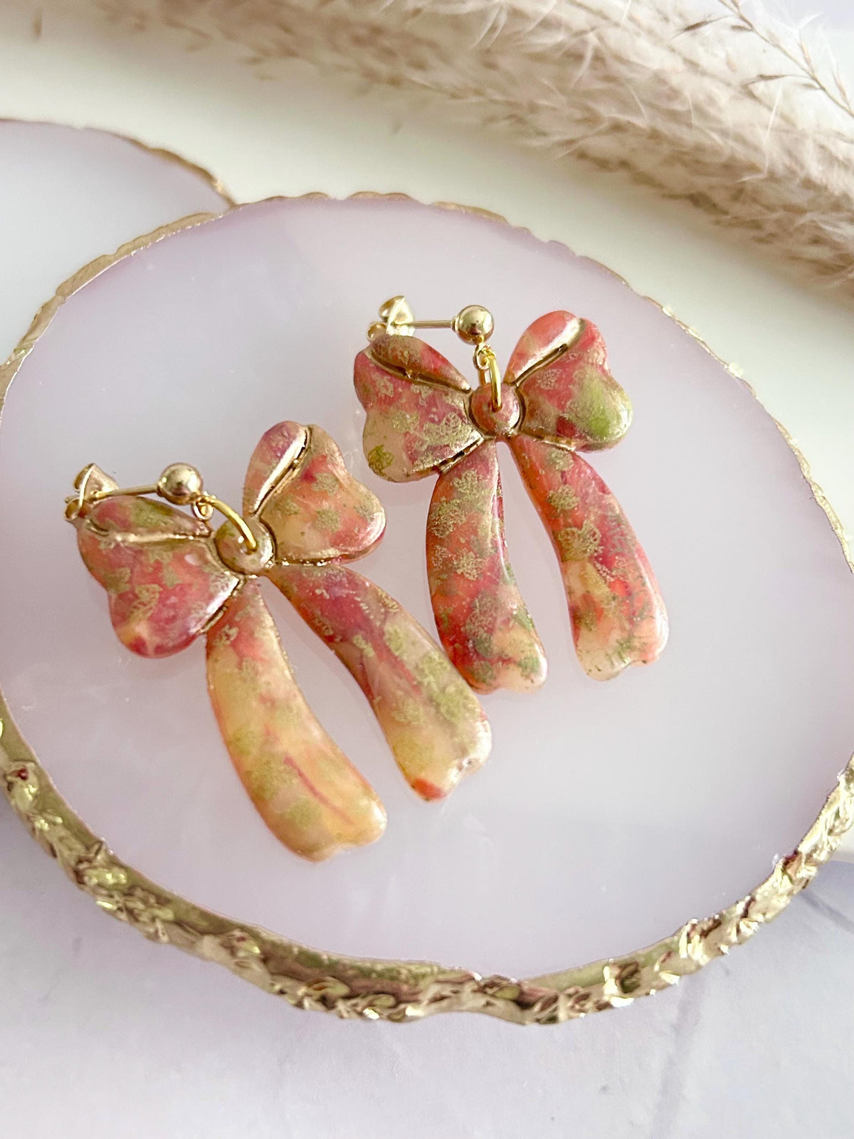 Delicate Falling Leaves Bow Earrings, Autumn tones with Gold Hoops, Boho Clay Handmade Jewelry