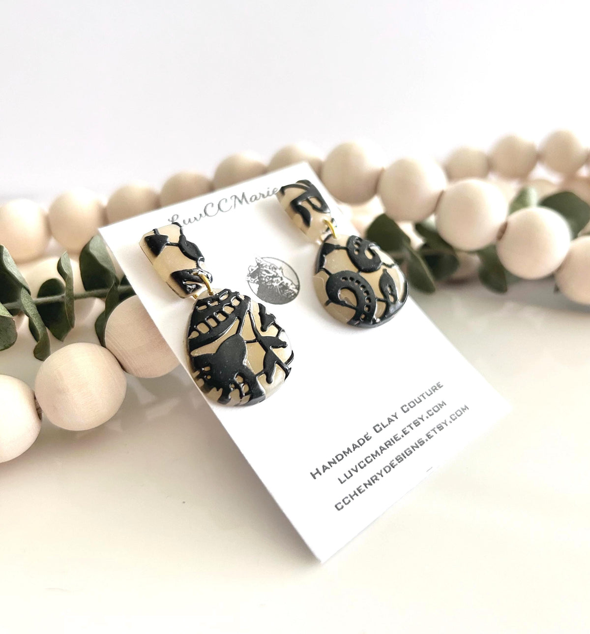 Black and Nude Lace Stud Drop Earrings, Elegant Wedding Clay Jewelry, Bridal Gift