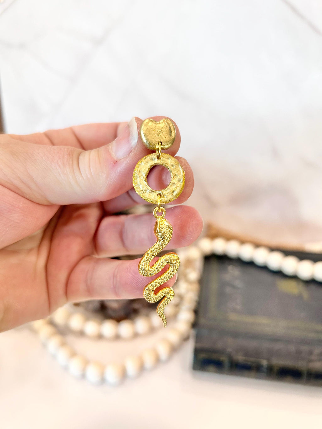 Handmade Clay Long Snake Dangle Earrings, Apple Studs, Statement Jewelry