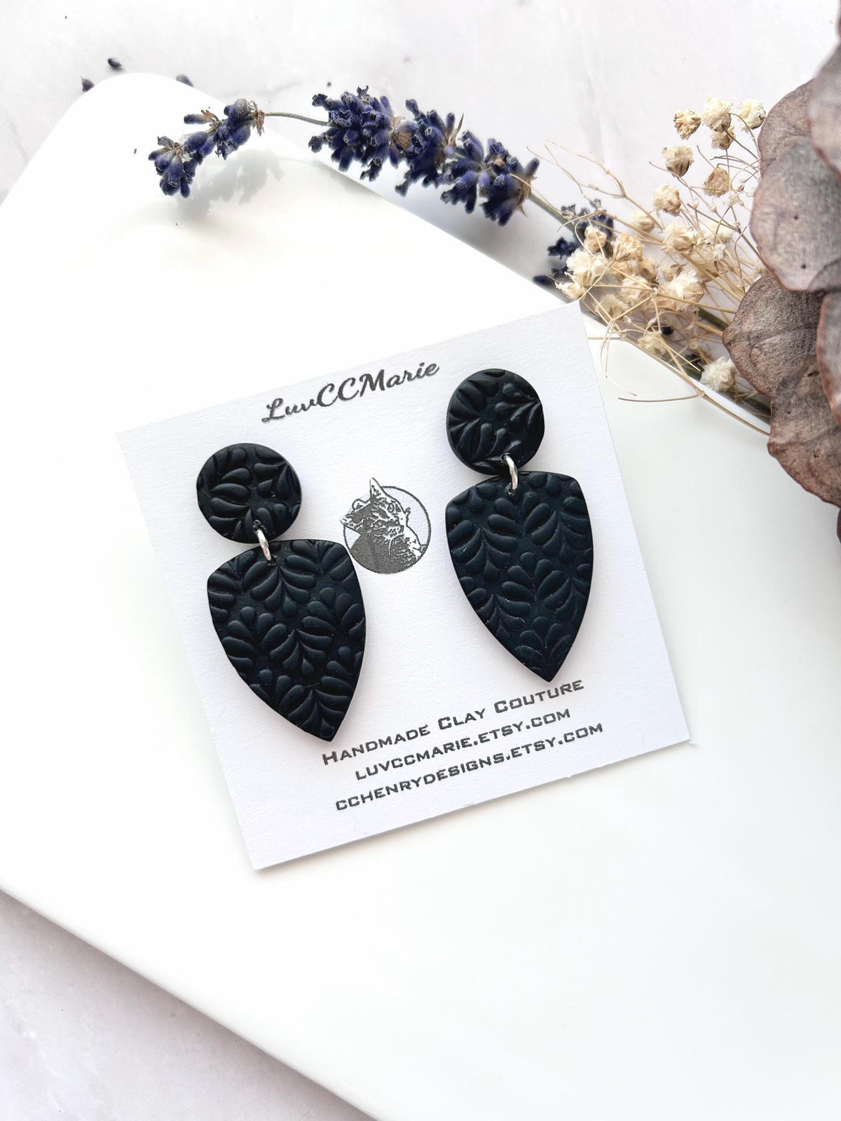 Black Clay Earrings, Geometric Dangles, Stud Dangles, Handmade Polymer Unique Jewelry Gift