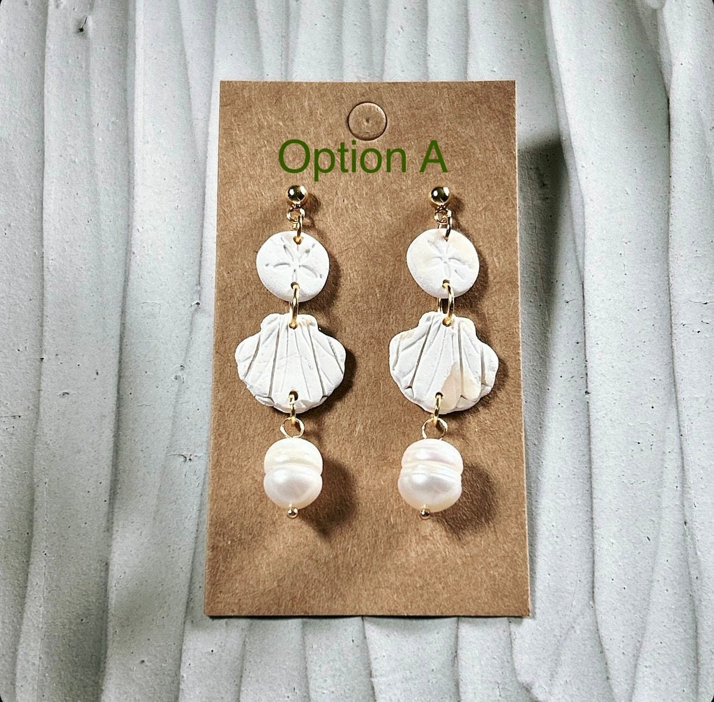 Sea Shell Earrings Clay Dangles, Seashell, Sand Dollar & Pearl Handmade Fashion Boho Jewelry