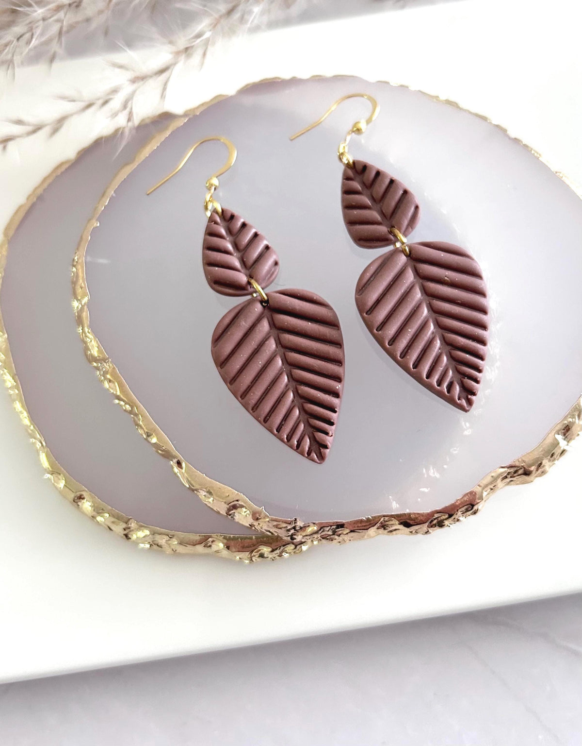Chocolate Brown Leaf Earrings, Fall Leaves Stud Drop Dangles, Handmade Clay Boho Jewelry