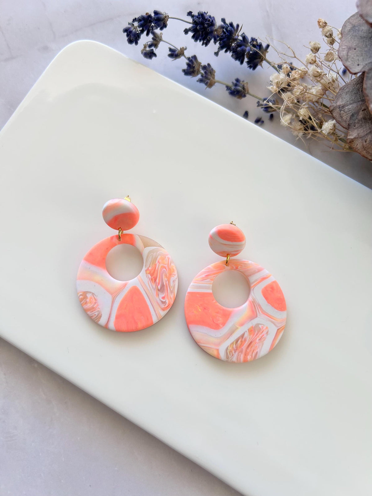 Coral Tortoiseshell Clay Hoop Earrings: Retro Boho Dangles