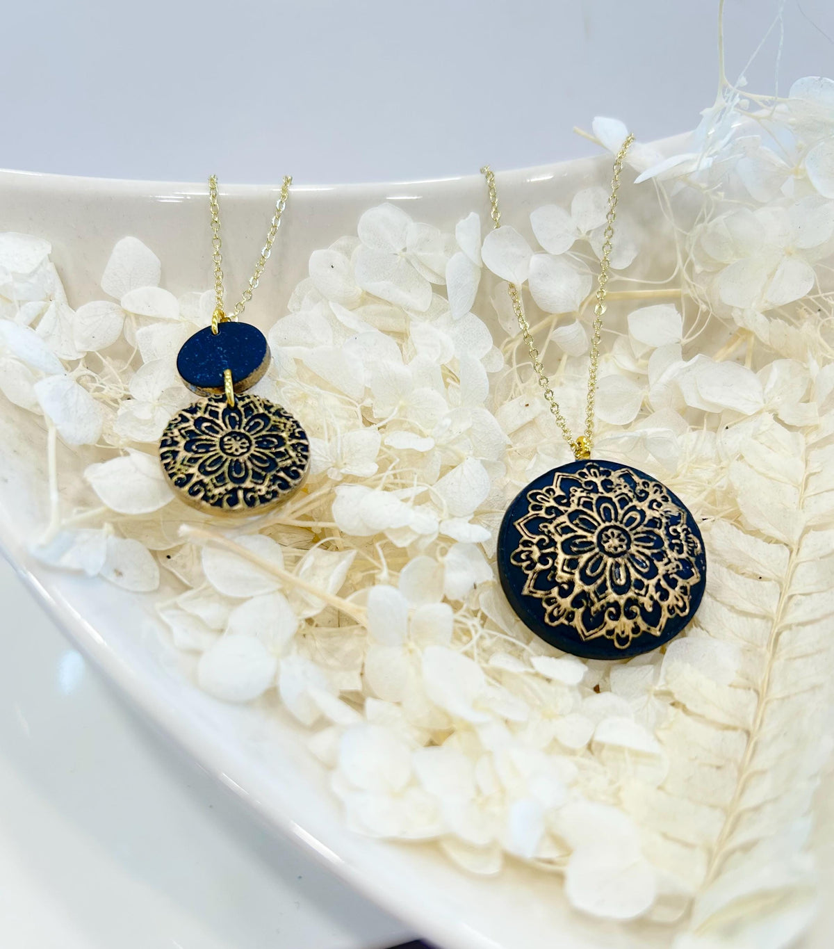 Dark Navy Blue Clay Necklace, Gold Mandala Embossed Pendant, Handmade Fashion Boho Jewelry