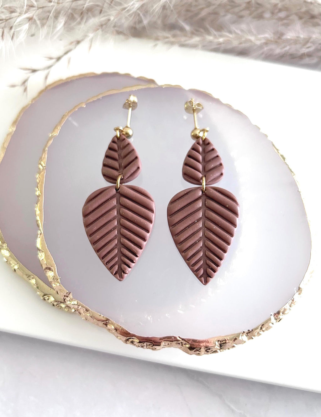 Chocolate Brown Leaf Earrings, Fall Leaves Stud Drop Dangles, Handmade Clay Boho Jewelry