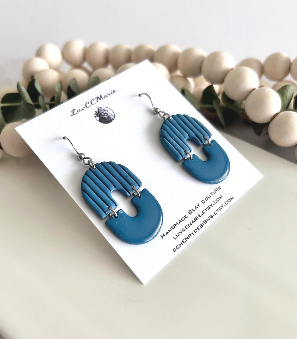 Teal Blue Modern Geometric Stripe Minimal Dangle Earrings, Clay Arch Drop Dangles, Handmade Jewelry