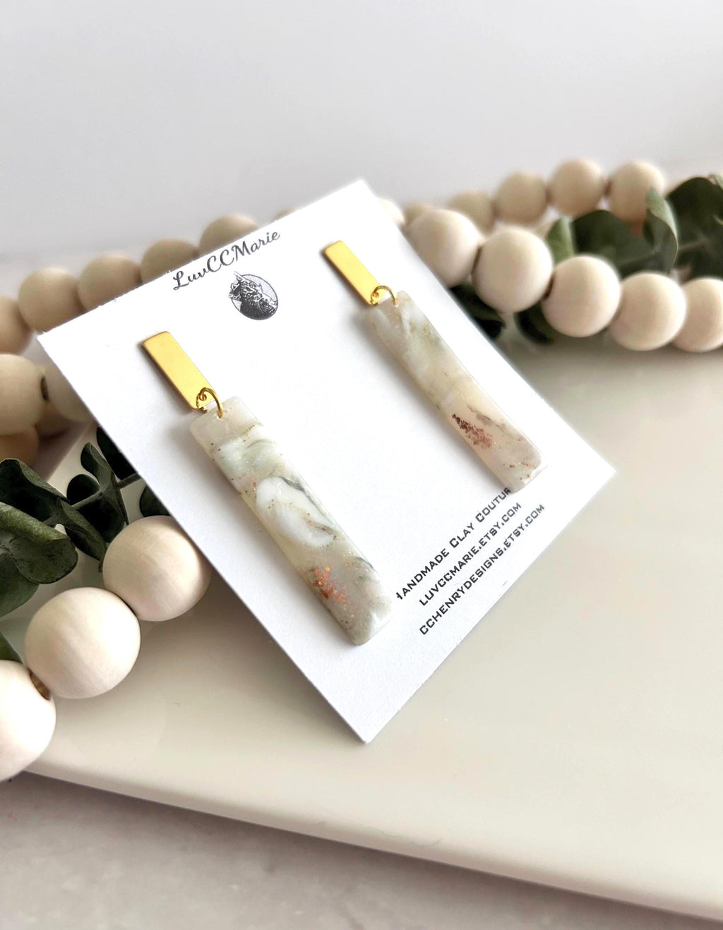 Handmade Clay Dangle Earrings, Sage Green, Gold and White Marbled Dangles, Lightweight Jewelry