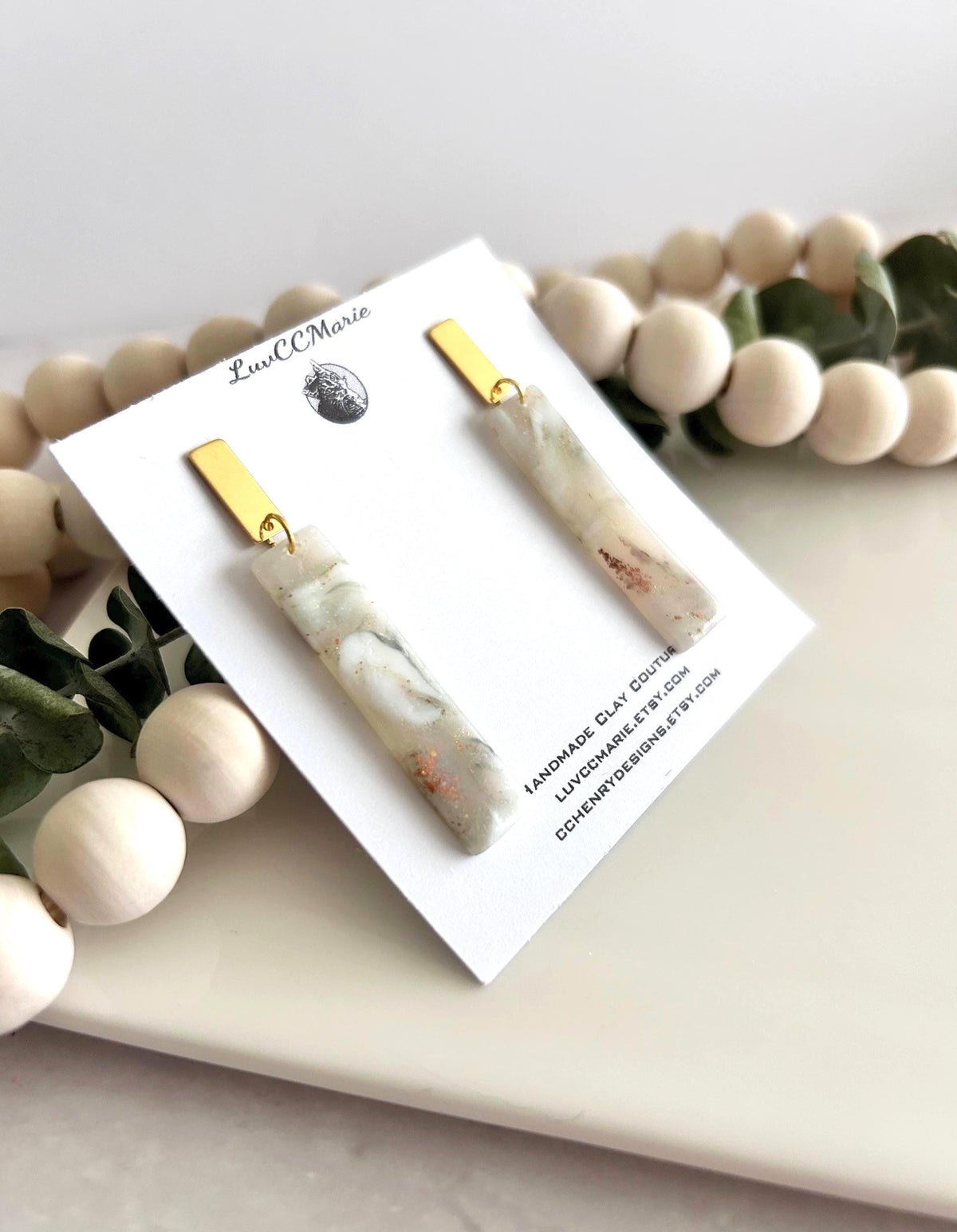 Handmade Clay Dangle Earrings, Sage Green, Gold and White Marbled Dangles, Lightweight Jewelry