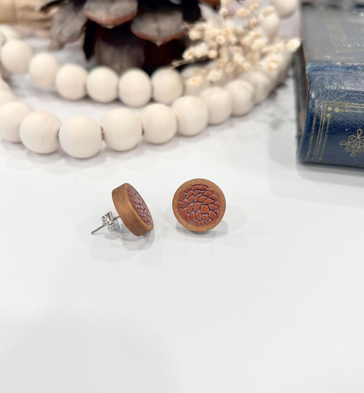 Handmade Pine Cone Stud Earrings: Wood & Clay Fall Boho Jewelry