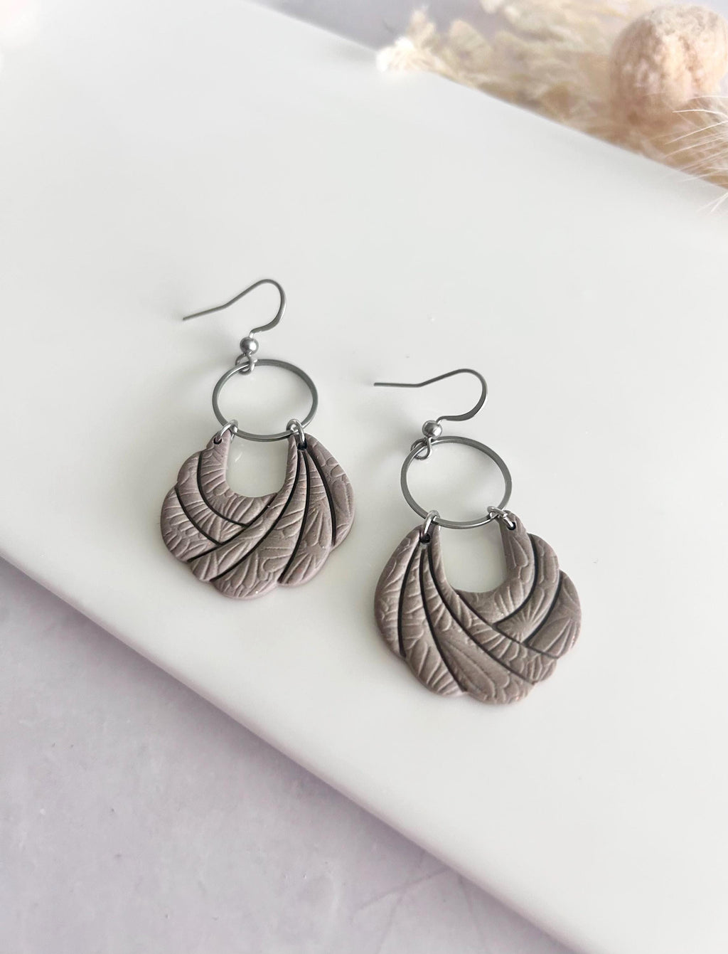 Handmade Khaki Clay Earrings: Boho Floral Embossed Dangles
