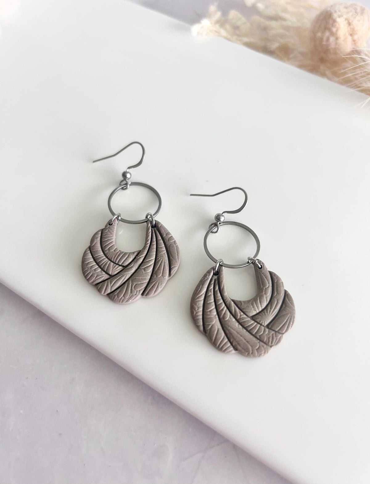 Handmade Khaki Clay Earrings: Boho Floral Embossed Dangles