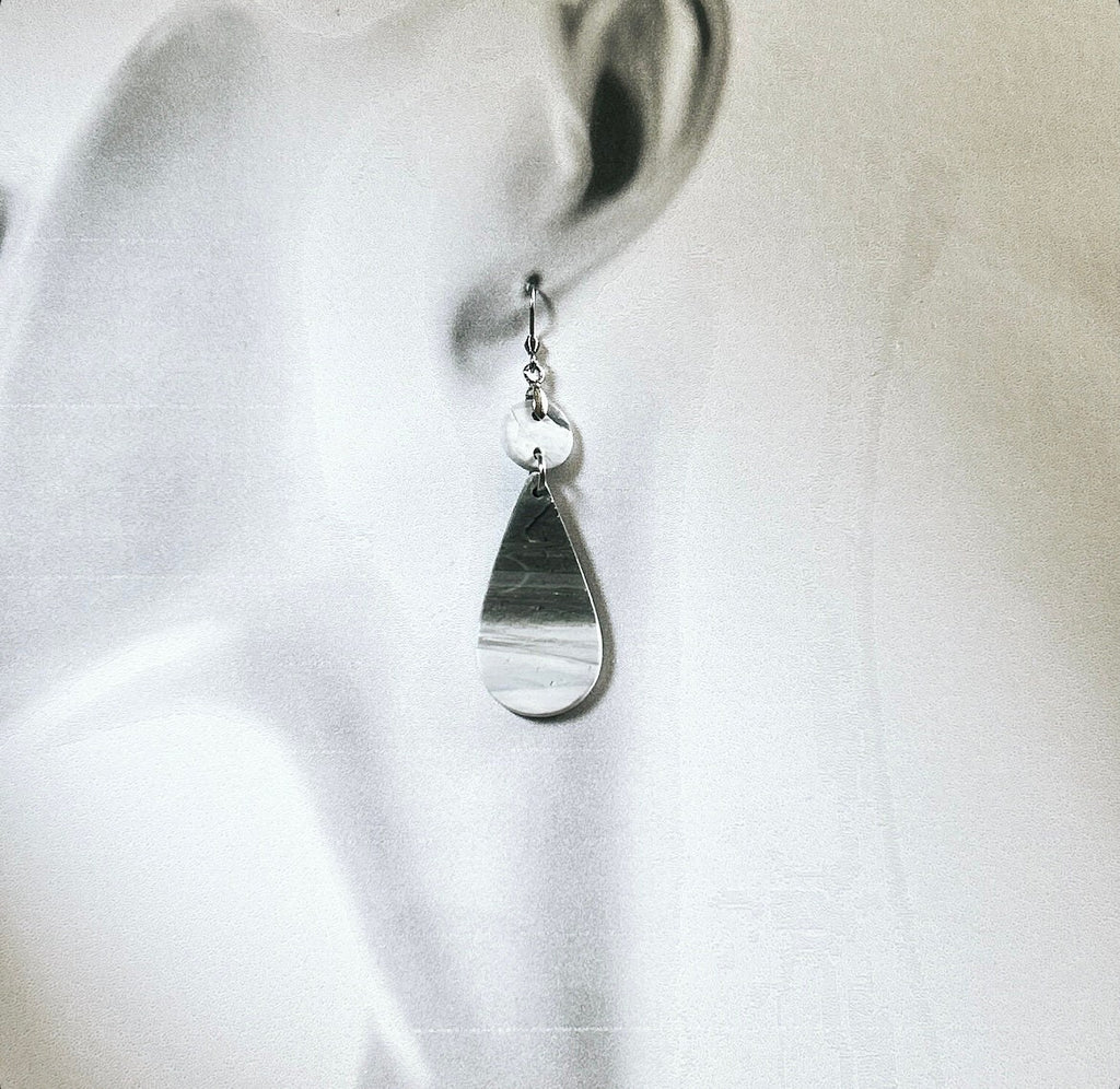 Black and White Marbled Earrings, Stainless Steel Clay Dangles, Boho Jewelry