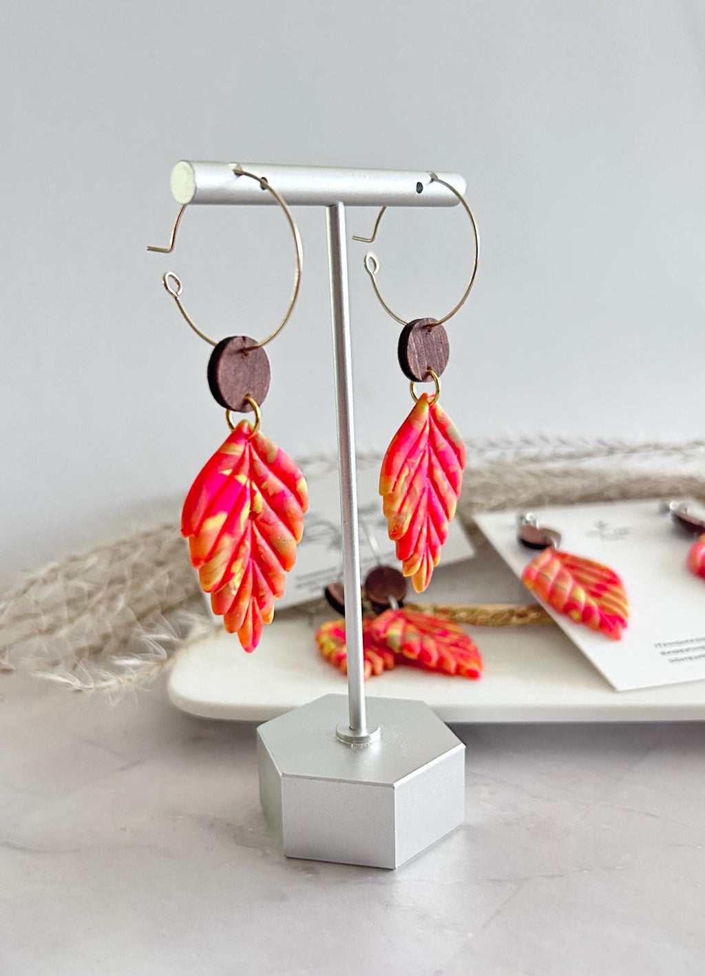 Neon Leaf Earrings, Walnut Wood Bead Earrings, Multicolor Dangles, Hypoallergenic Clay Lightweight Jewelry
