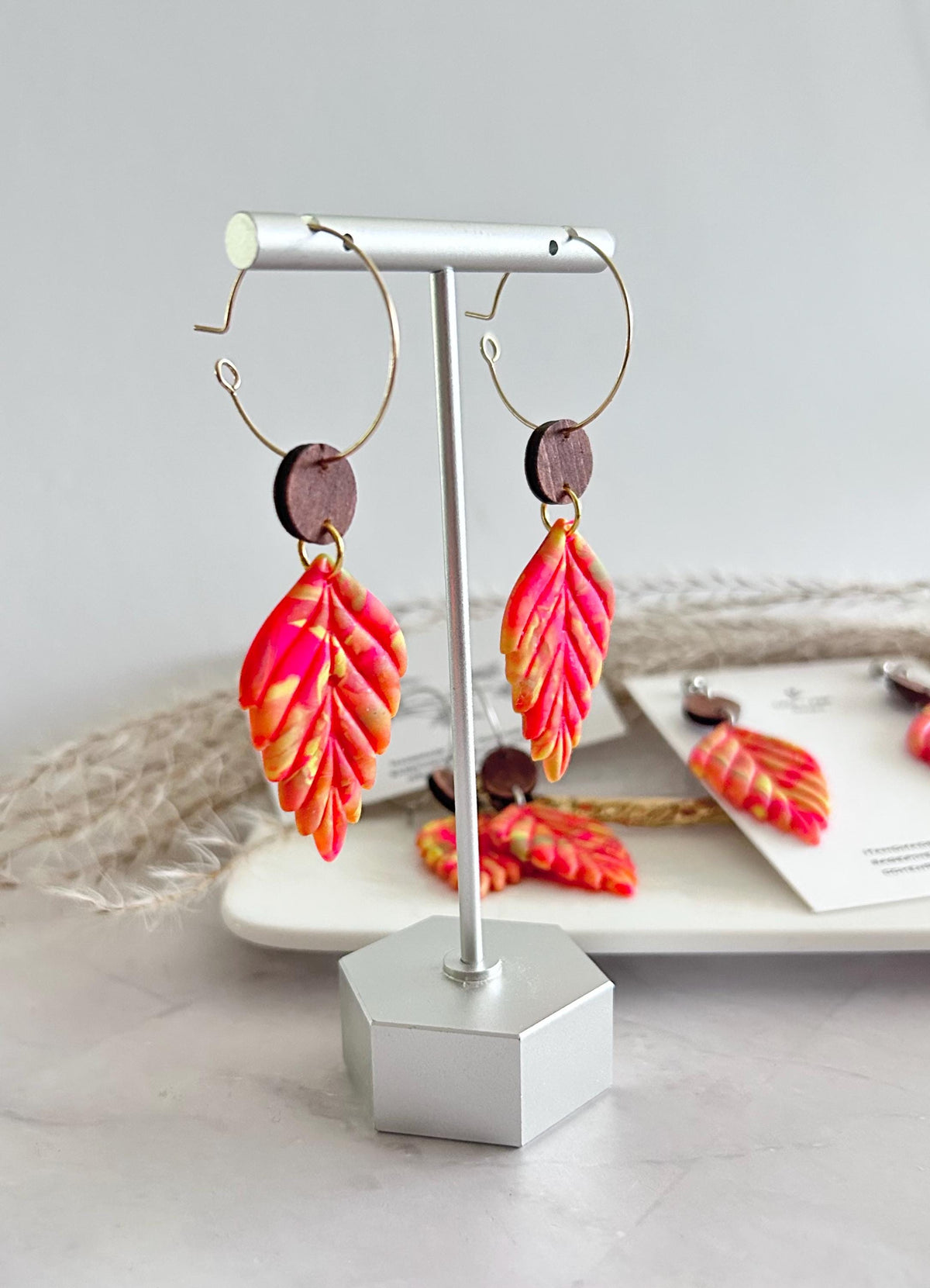Neon Leaf Earrings, Walnut Wood Bead Earrings, Multicolor Dangles, Hypoallergenic Clay Lightweight Jewelry