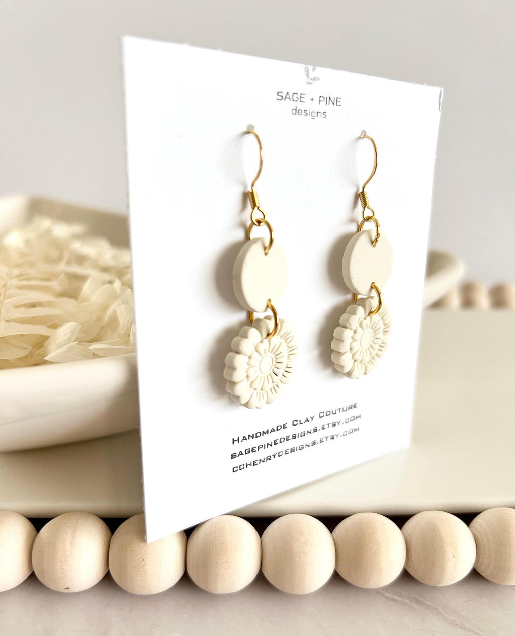 Creamy White Clay Earrings, Floral Embossed Drop Dangles, Handmade Fashion Boho Jewelry