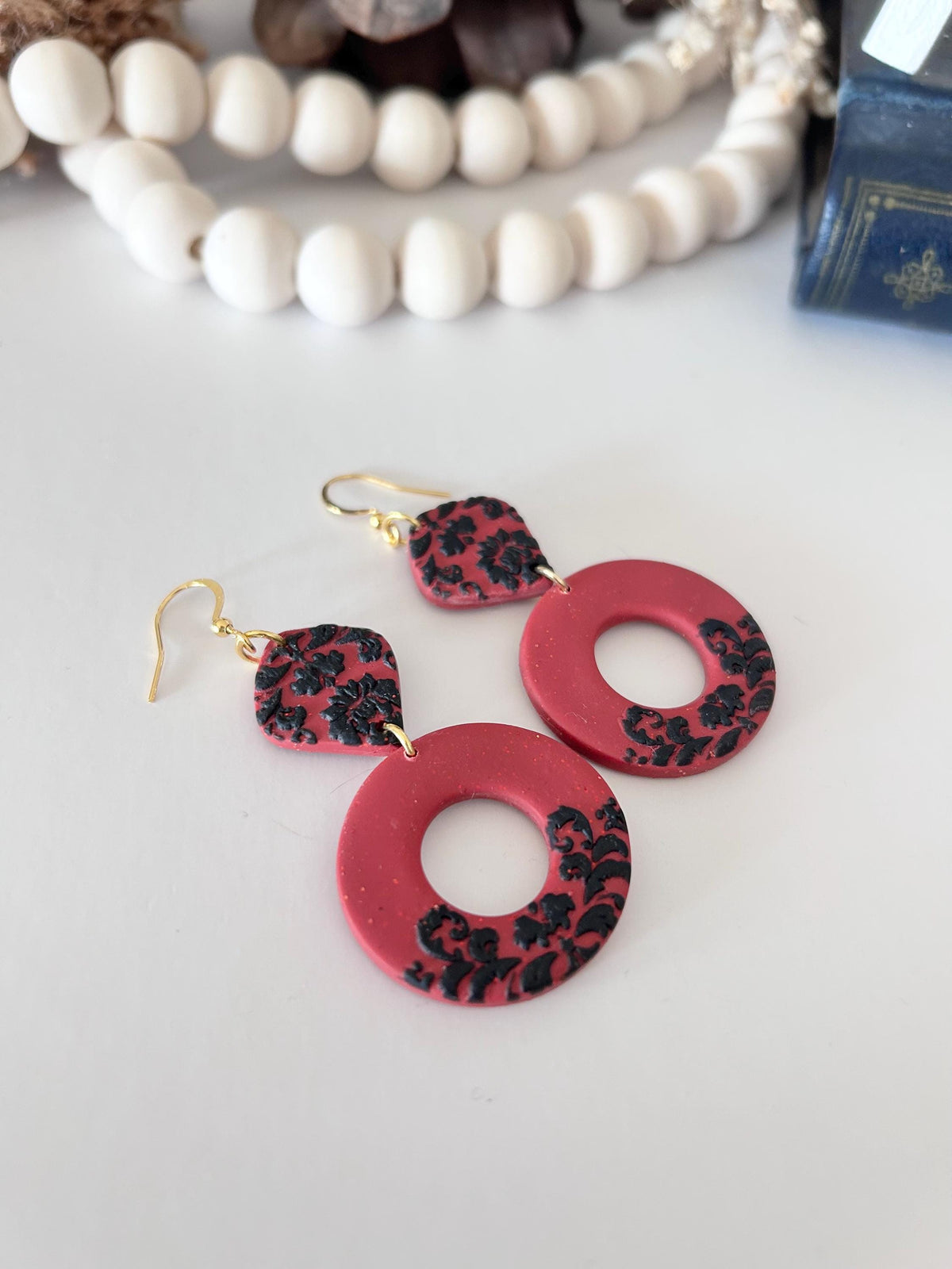 Red and Black Pearl Earrings, Elegant Dangles, Damask Floral Drops, Lightweight Clay Statement Jewelry