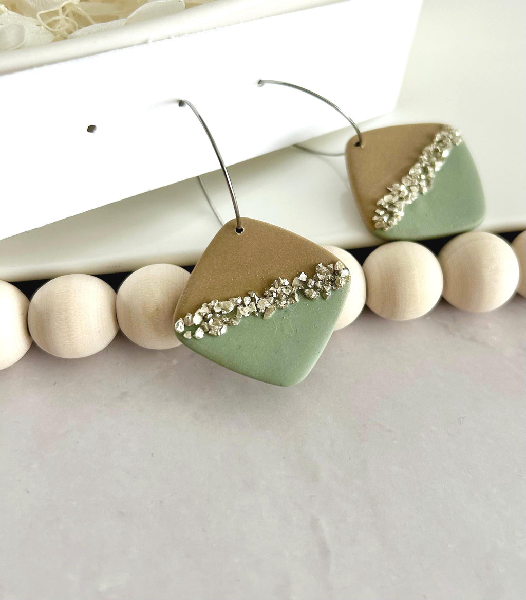 Sage & Latte Dangles, Clay and Glass Dangle Earrings, Neutral Hoops, Handmade Fashion Boho Jewelry