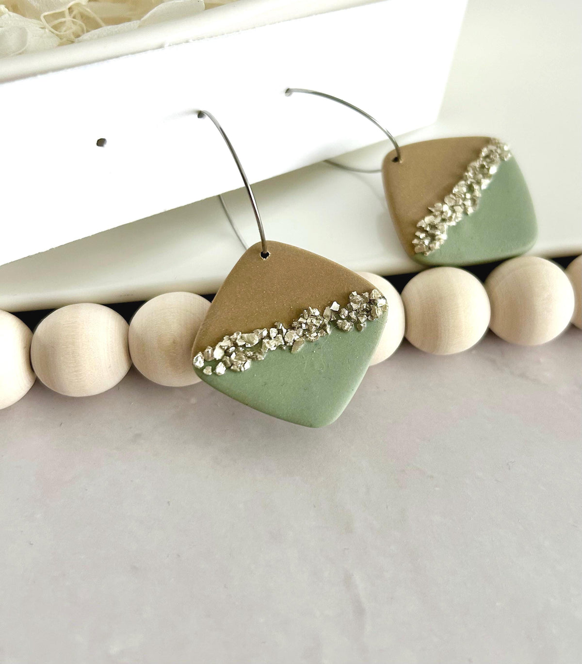 Sage & Latte Dangles, Clay and Glass Dangle Earrings, Neutral Hoops, Handmade Fashion Boho Jewelry