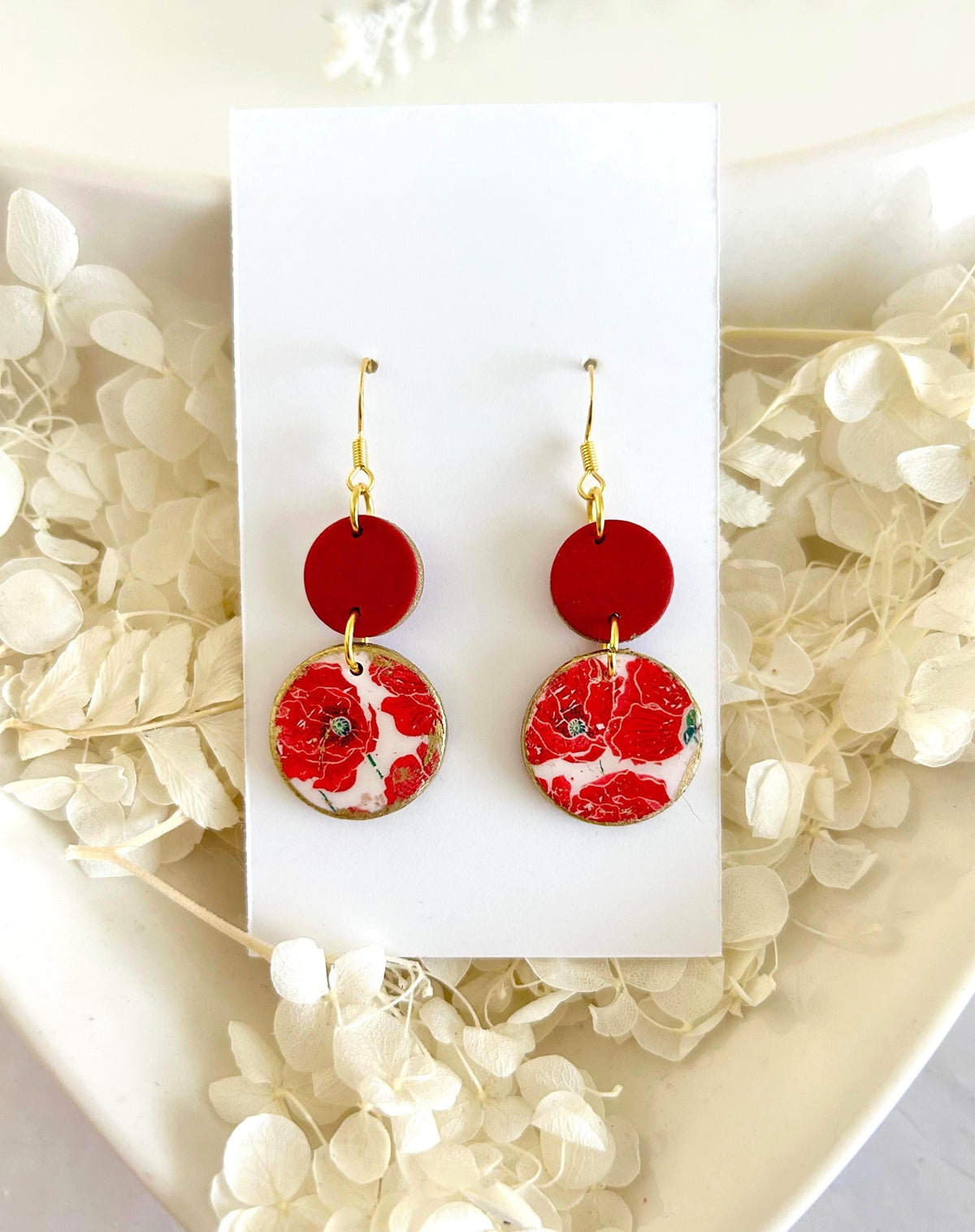 Dark Poppy Red Clay Earrings, Gold Floral Circle Dangles, Handmade Flower Boho Jewelry
