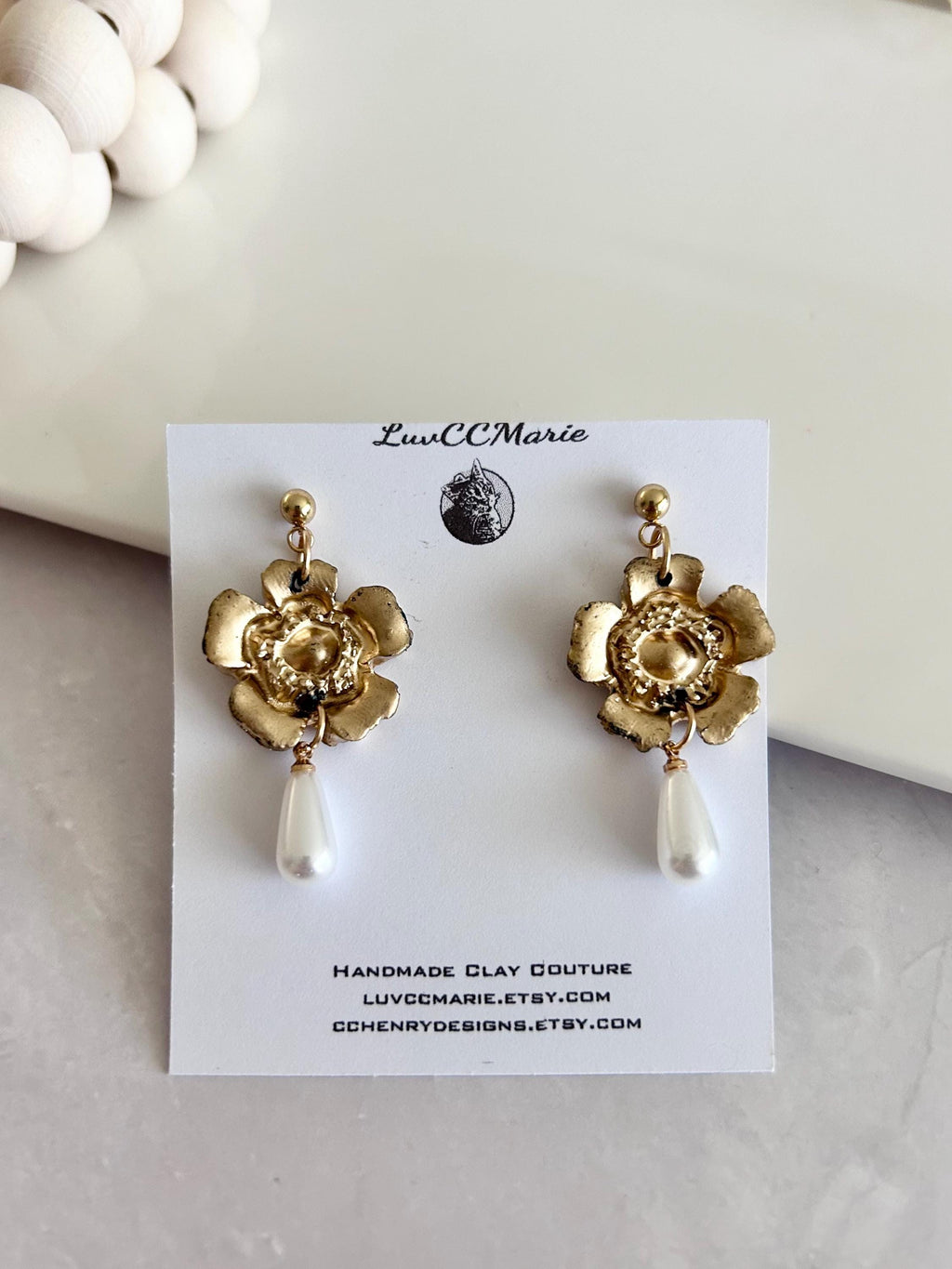 Handmade Pearl Dangle Poppy Earrings, Gold Floral Drop Dangles, Flower Bridal Clay Jewelry