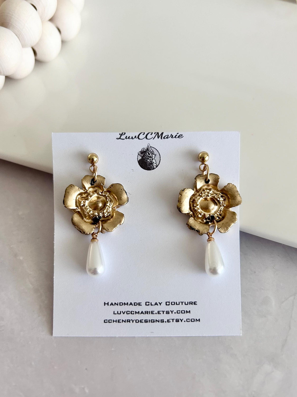 Handmade Pearl Dangle Poppy Earrings, Gold Floral Drop Dangles, Flower Bridal Clay Jewelry