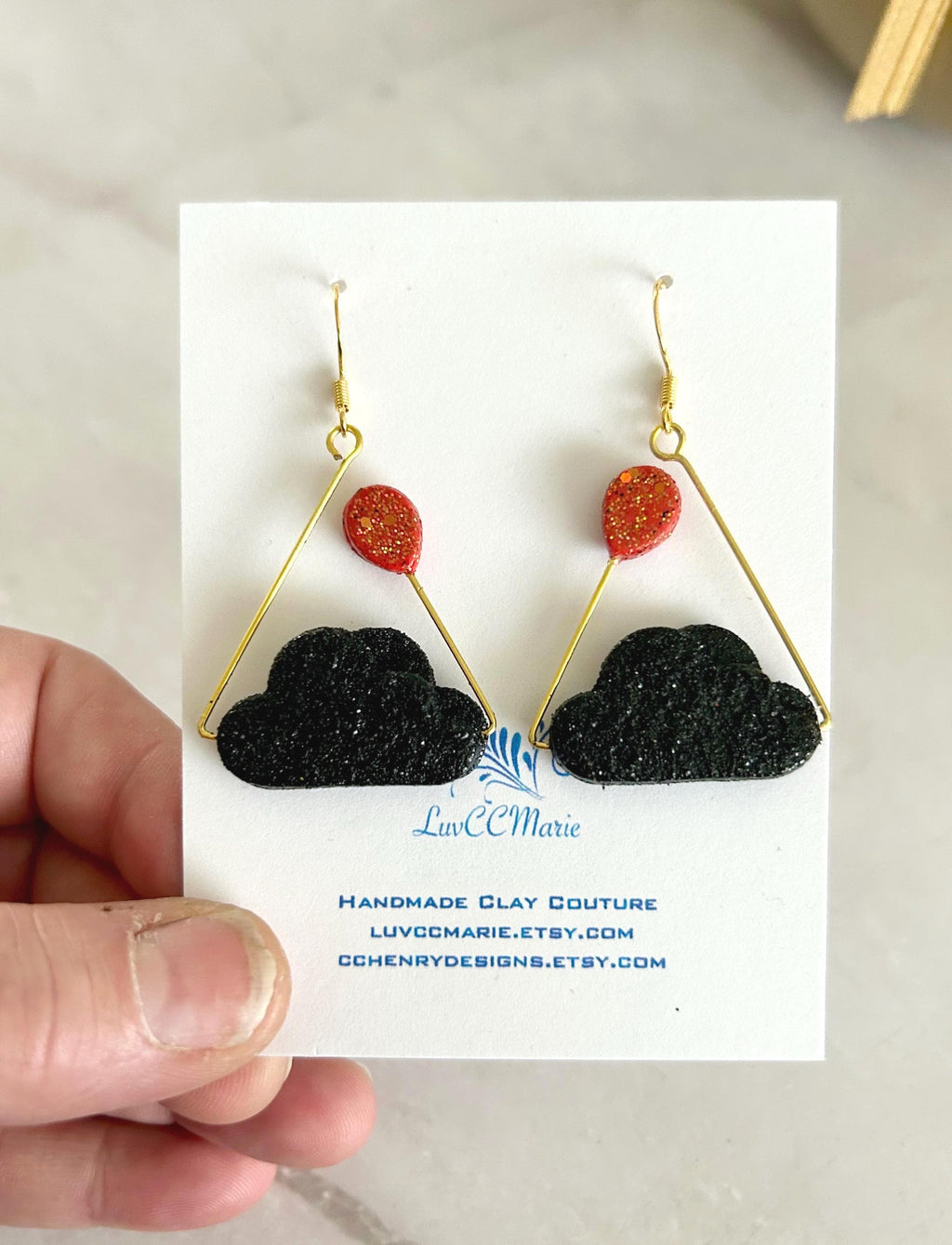 Rain Cloud Earrings, Red, White, Black, Gold, Handmade Clay Unique Gift