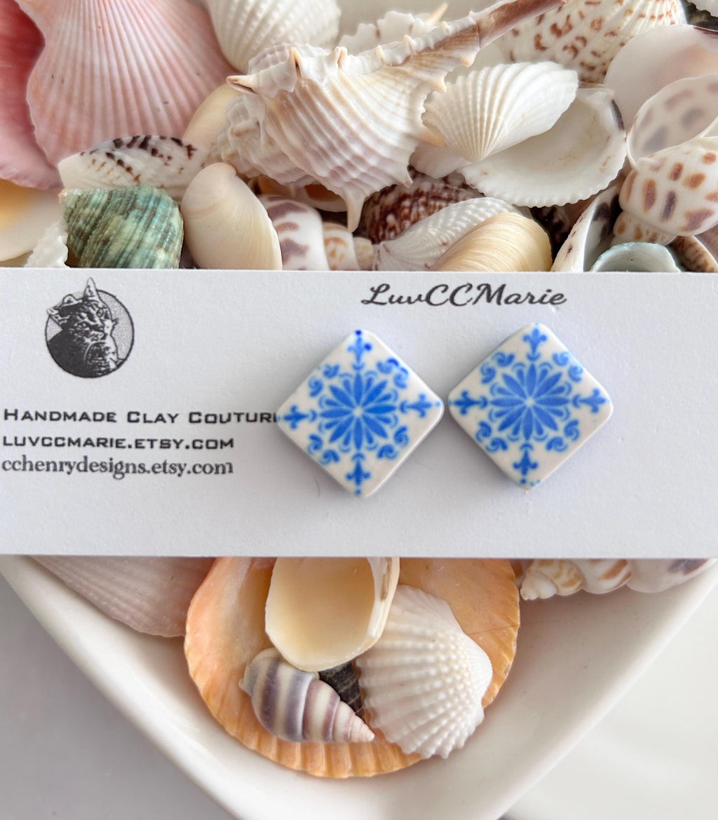 Handmade Santorini Tile Stud Earrings, Blue White Polymer Clay, Boho Jewelry