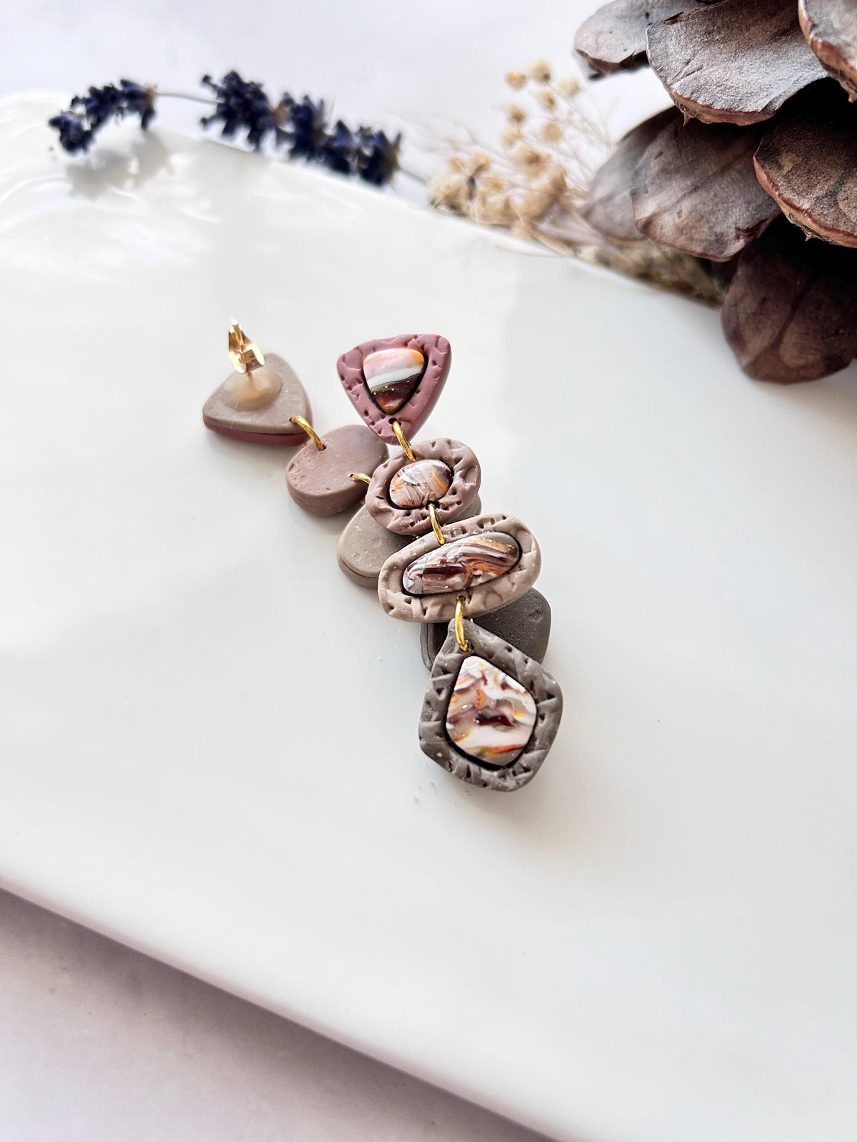 Neutral Stone Statement Dangles, Beige, Brown, Orange, White, Handmade Clay Post Earrings