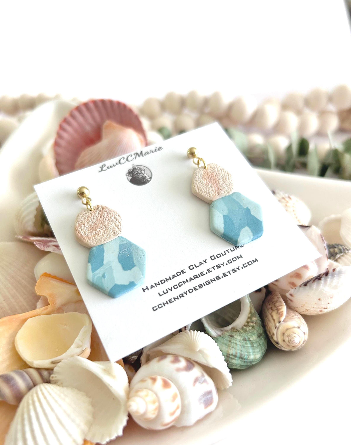Blue Terrazzo Clay Dangle Earrings, Summer Dangles, Beachy Beige Coastal Vacation Handmade Jewelry