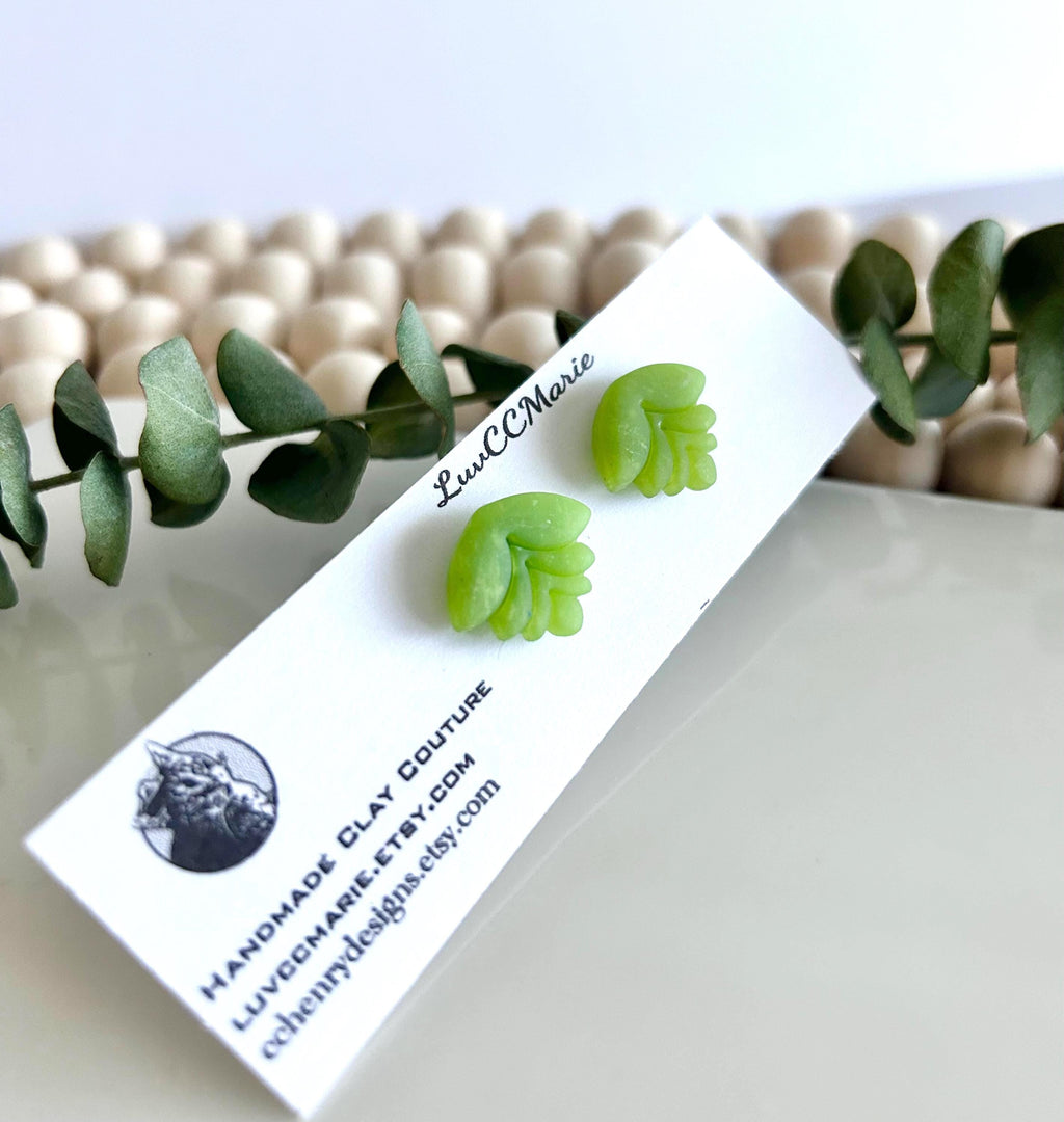 Lime Green Lotus Flower Stud Earrings: Boho Clay Jewelry