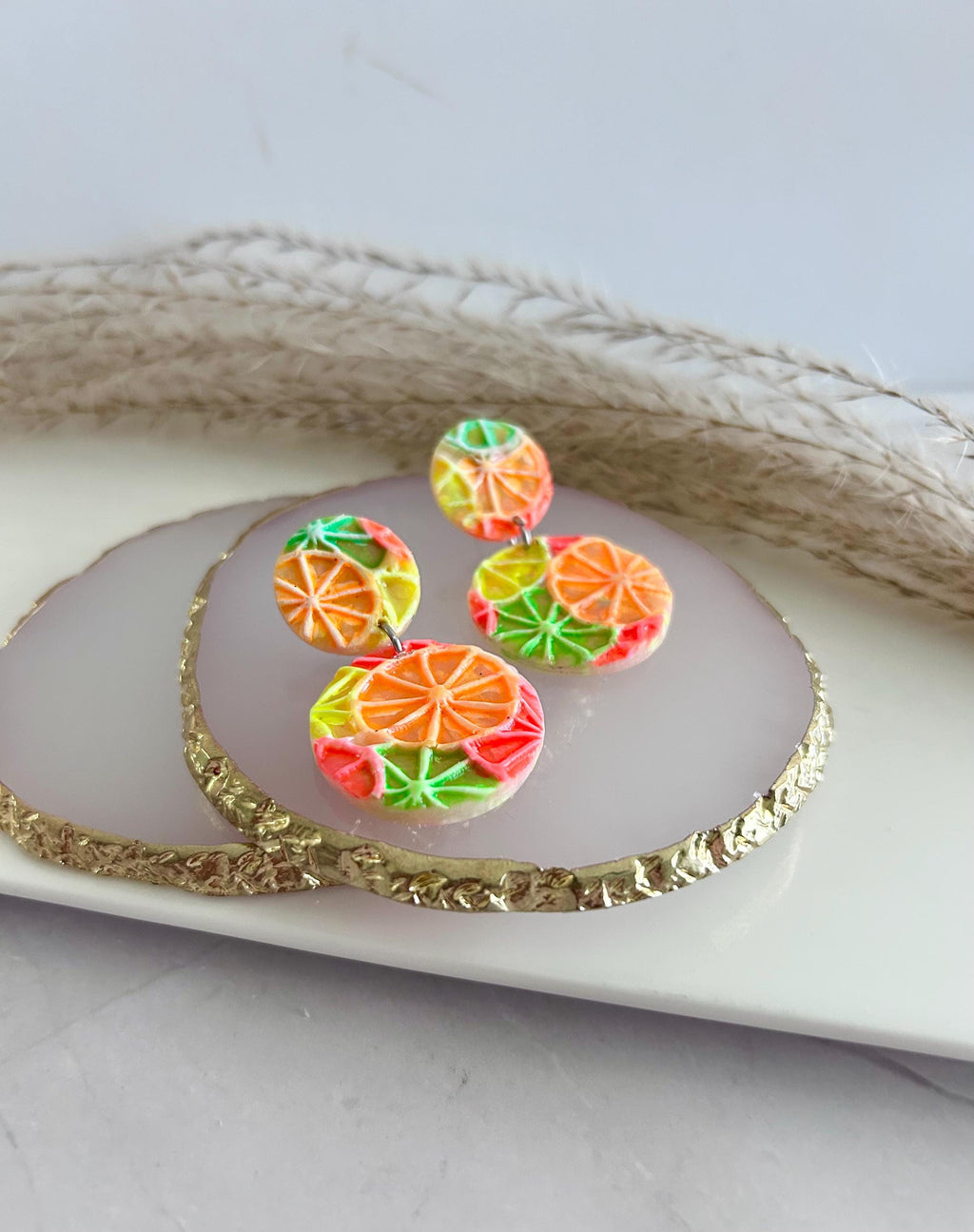 Neon Orange Slice Foodie Earrings, Grapefruit, Lemon, Lime, Unique Handcrafted Dangles, 90s Statement Clay Jewelry