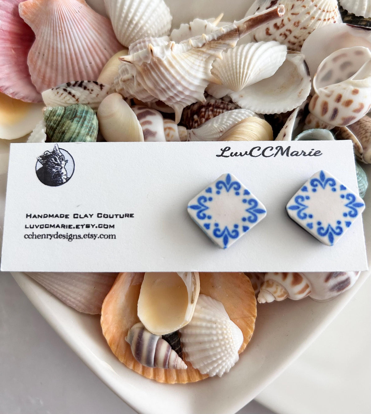 Handmade Santorini Tile Stud Earrings, Blue White Polymer Clay, Boho Jewelry