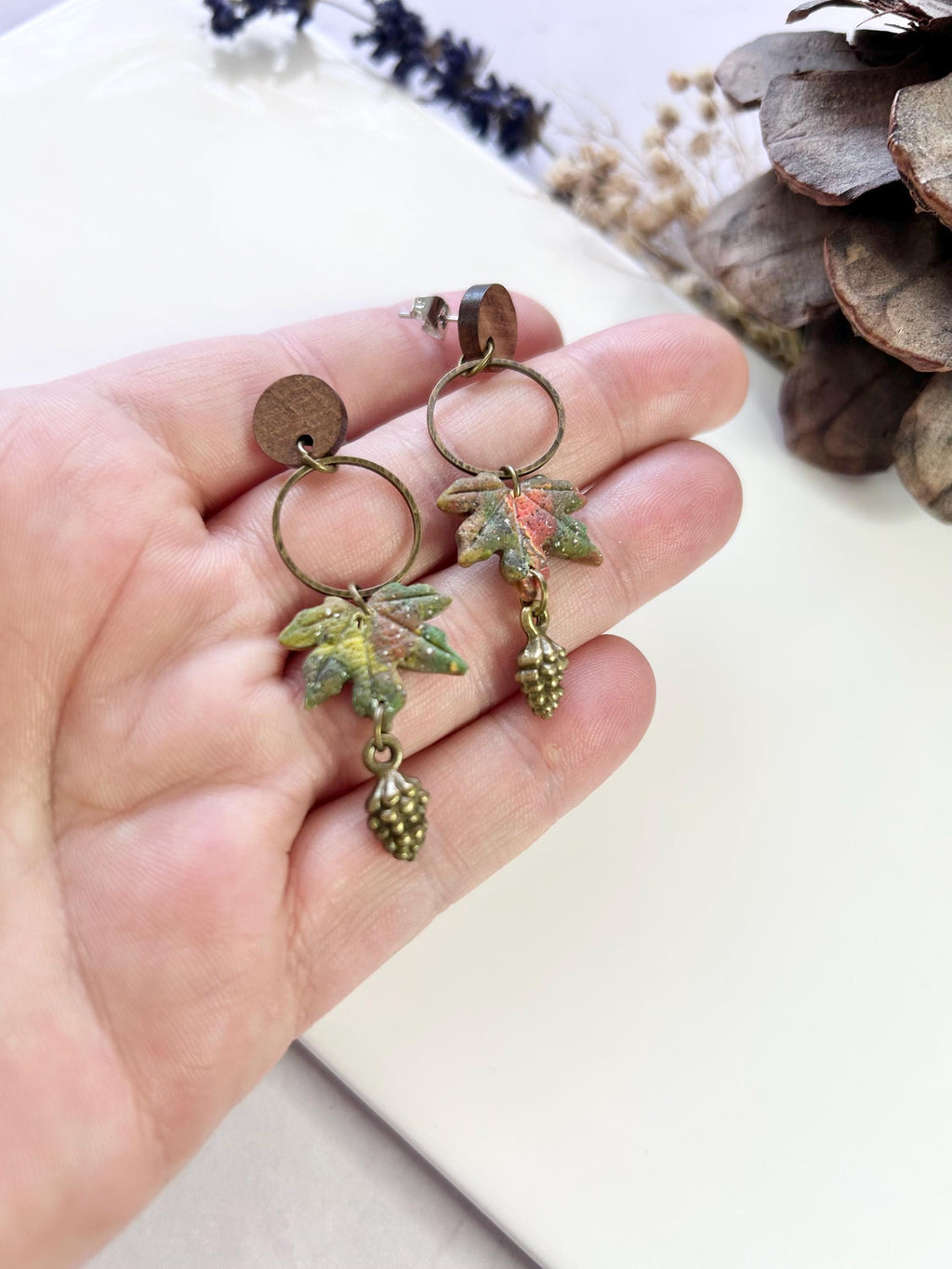 Maple Leaf Clay Earrings, Bronze and Wood Pine Cone Dangles, Handmade Multicolor Fall Jewelry
