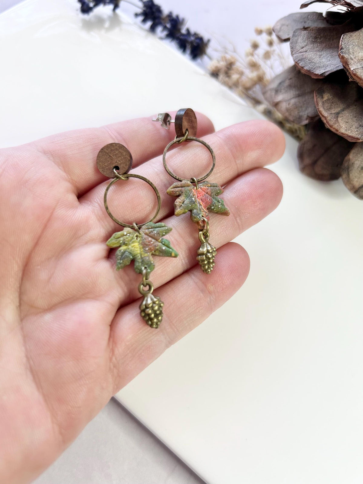 Maple Leaf Clay Earrings, Bronze and Wood Pine Cone Dangles, Handmade Multicolor Fall Jewelry