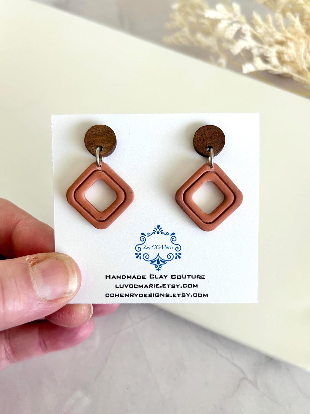 Terracotta Drop Earrings, Geometric Clay & Wood Handmade Fashion Boho Jewelry