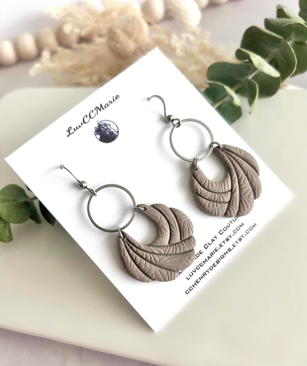 Handmade Khaki Clay Earrings: Boho Floral Embossed Dangles