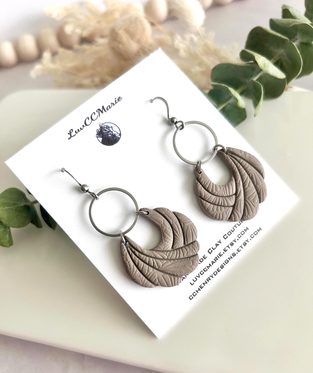 Handmade Khaki Clay Earrings: Boho Floral Embossed Dangles