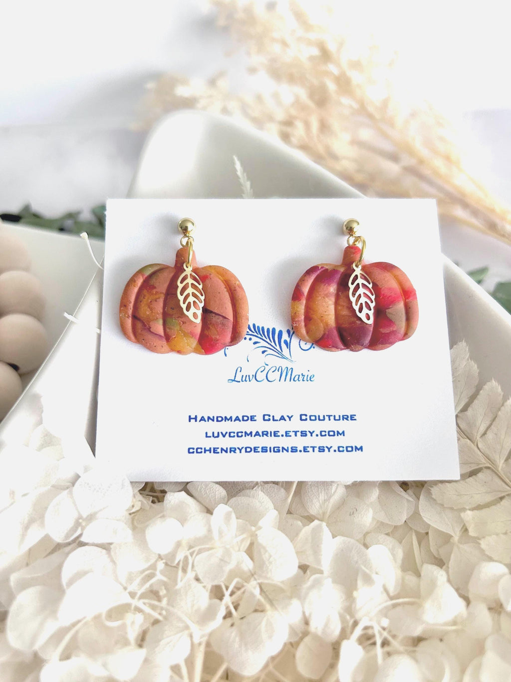 Pumpkin Hoops, Burgundy Marbled Fall Earrings, Gold Leaf Hoop Dangles, Handmade Clay Autumn Jewelry