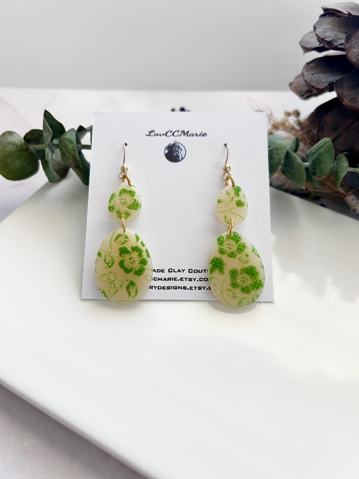 Bright Green and Sheer Cream Floral Clay Dangle Earrings, Handmade Jewelry