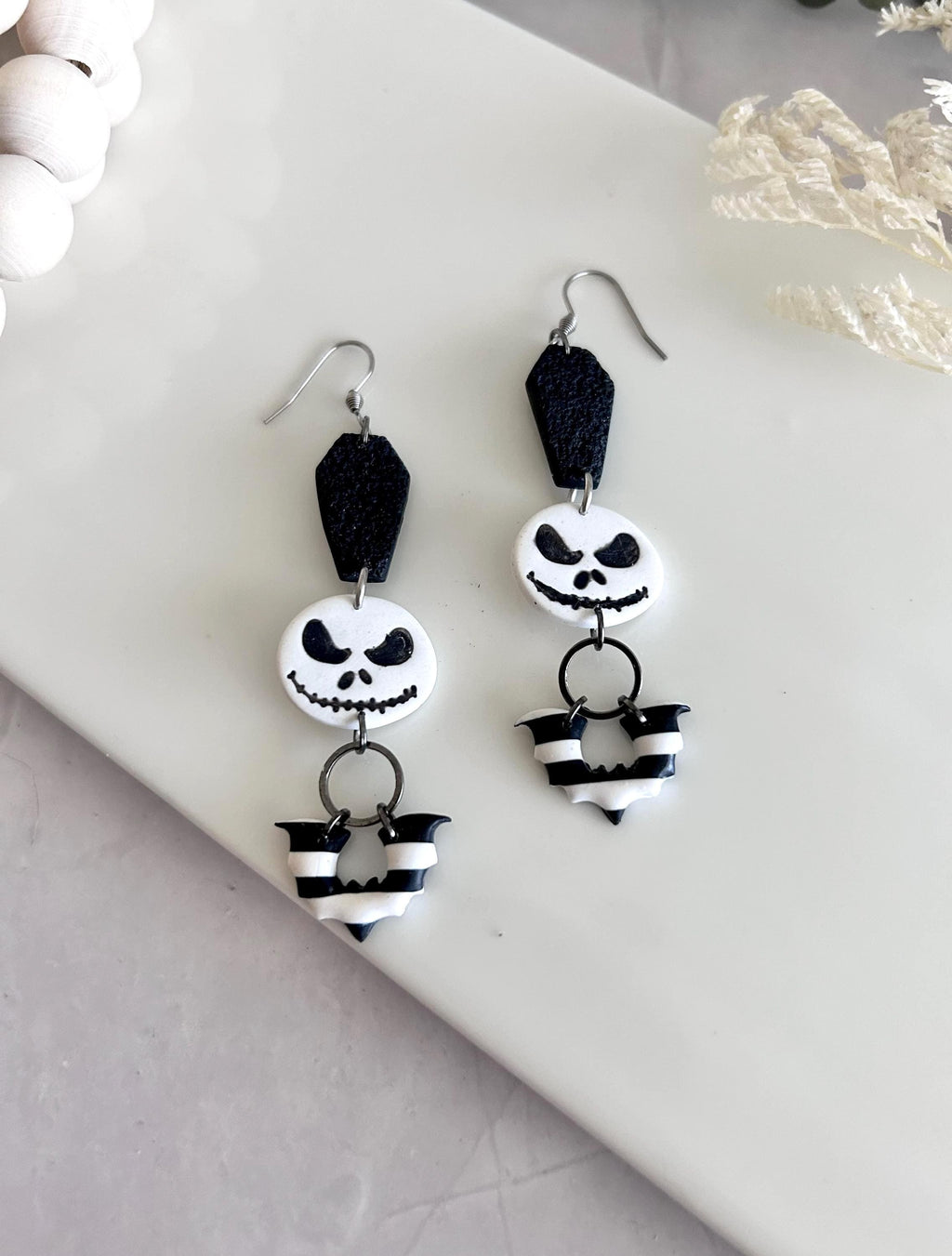 Handmade Clay Halloween Earrings, Black and White Skull Dangles, Jack Coffin Bat