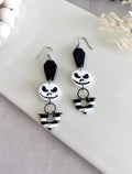 Handmade Clay Halloween Earrings, Black and White Skull Dangles, Jack Coffin Bat