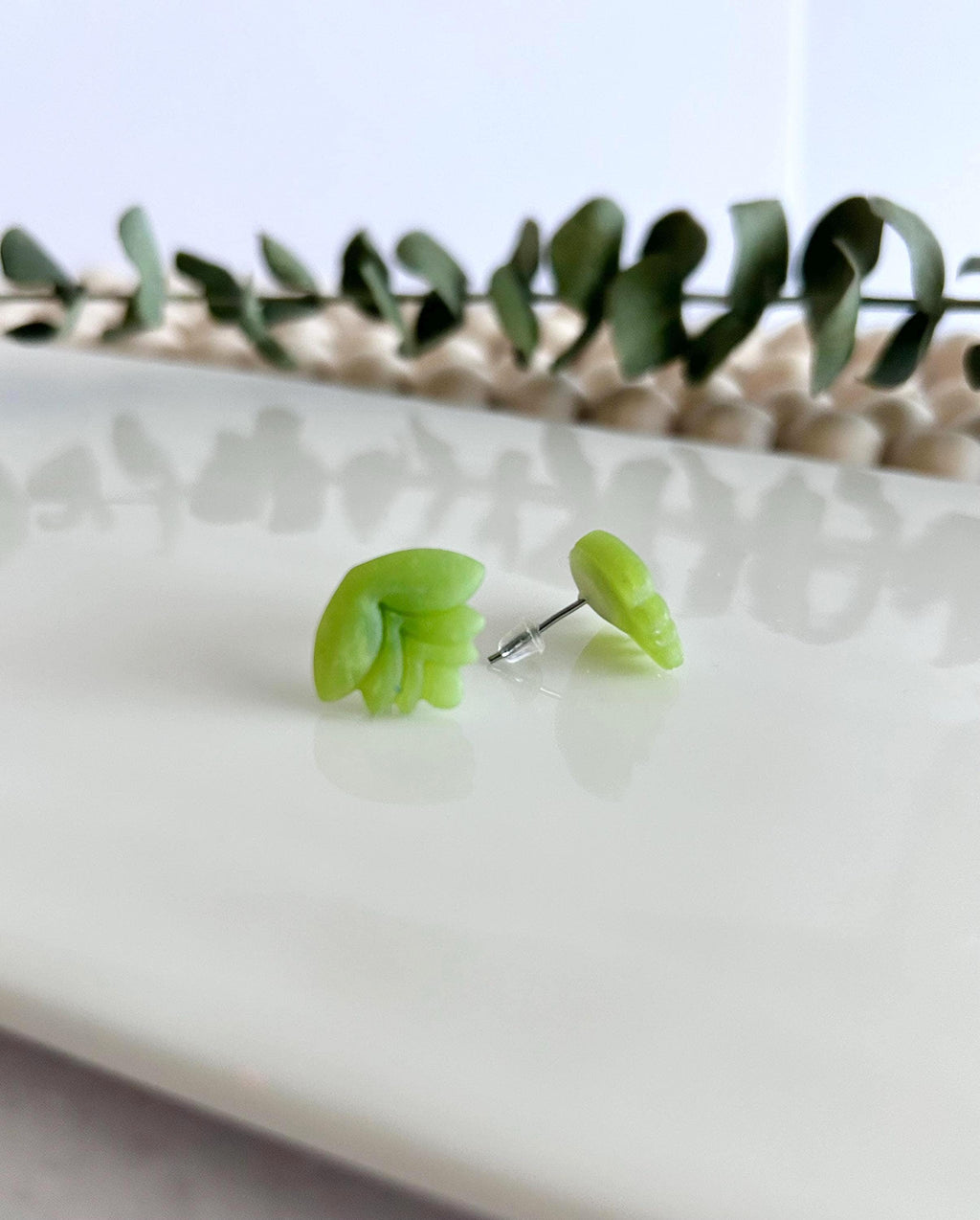 Lime Green Lotus Flower Stud Earrings: Boho Clay Jewelry